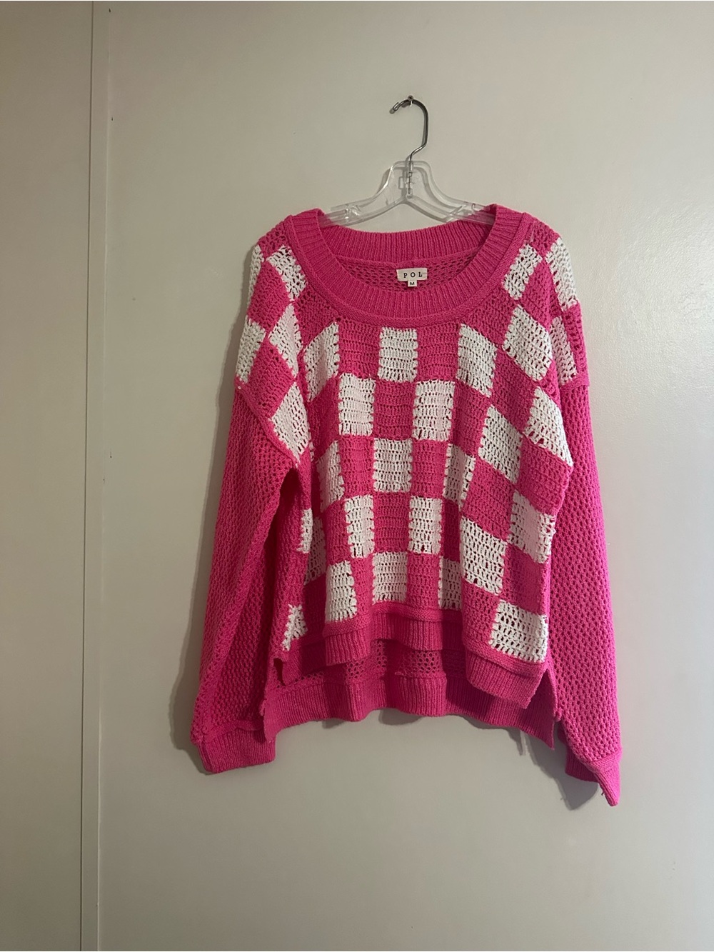 POL Oversized Pink & White Checkered Knit Sweater